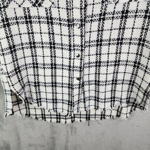 Womens Aaron & Amber Plaid Jacket Button Up Black & White 3/4 Sleeve Raw Hem M - Picture 3 of 11